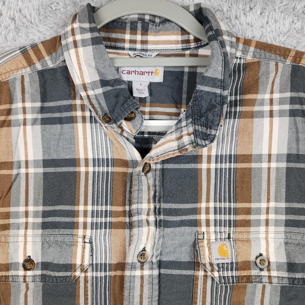 Carhartt Shirt Mens Large Brown Plaid Short Sleeve Button Up Relaxed Workwear